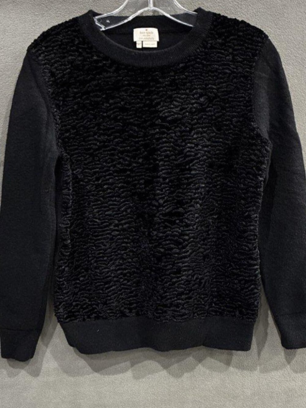 Kate Spade Black Astrakhan Faux Fur Wool Blend Crewneck Pullover Sweater XS